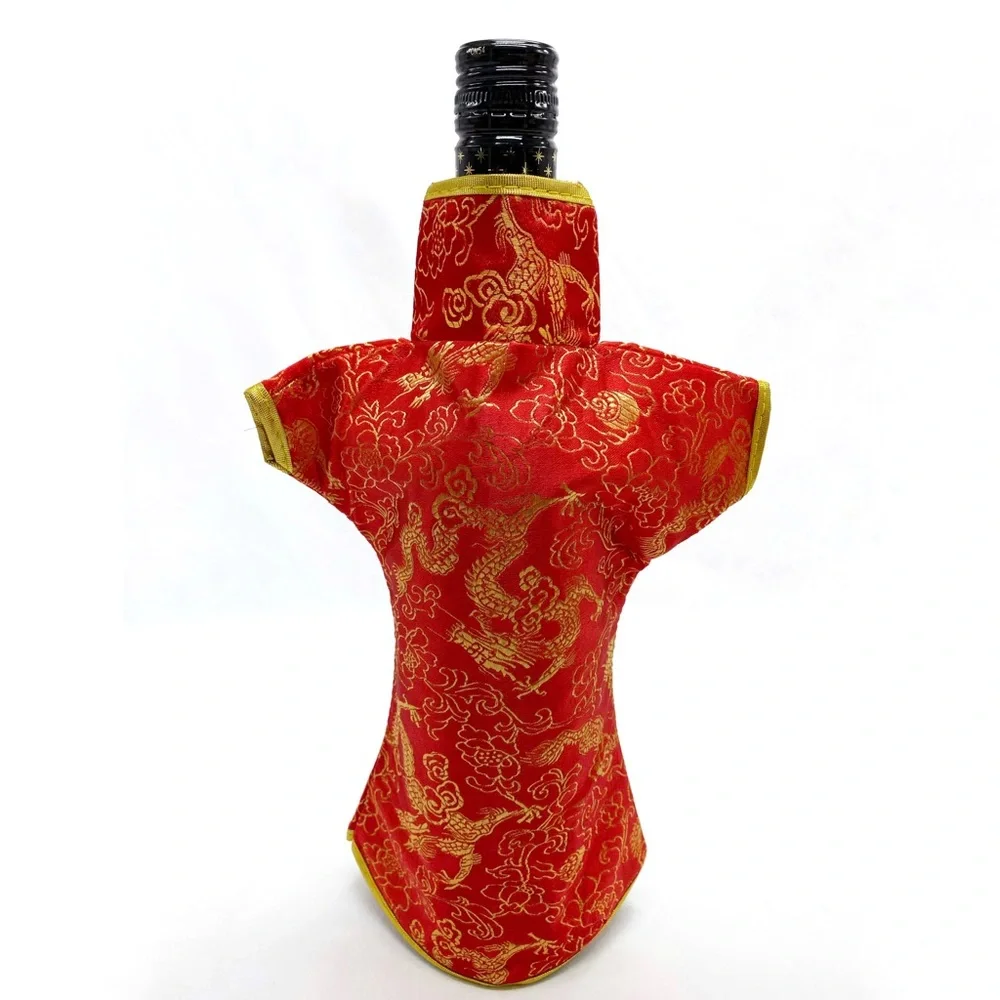 Chinese Brocade Dress Wine Bottle Covers Cheongsam Set of 2 NEW